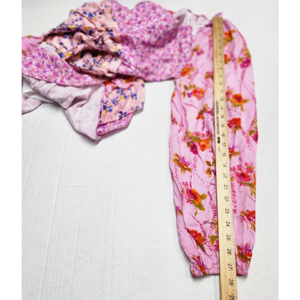 Patchwork Pink Floral Mini Dress Tiered Ruffle Balloon Sleeves  Boho Romantic XS - Picture 9 of 11